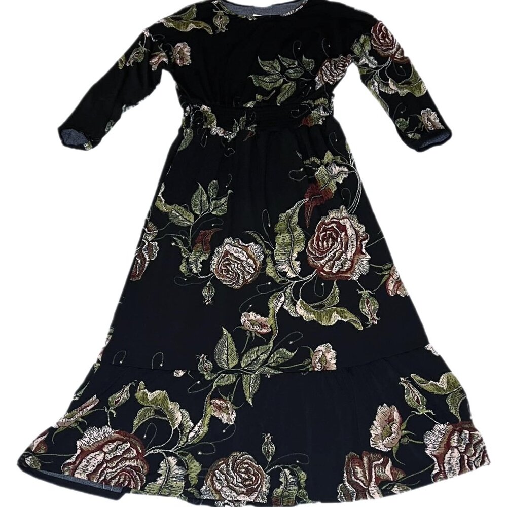 NEW M LuLaRoe Evelyn Smocked Waist Maxi Dress Long Sleeve Black Floral Midi - Picture 7 of 9